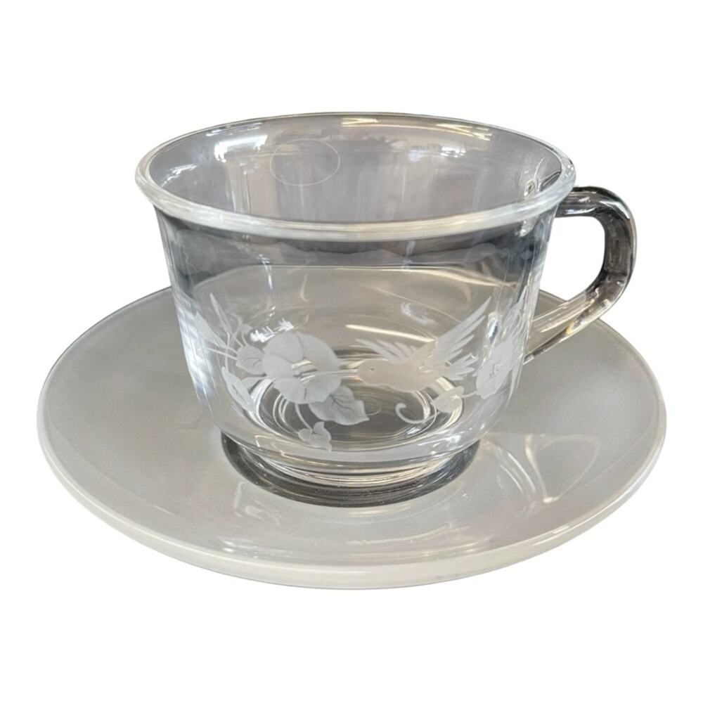 VTG Avon Etched Hummingbird Cup Saucer Crystal Collection teacup teatime 1980s